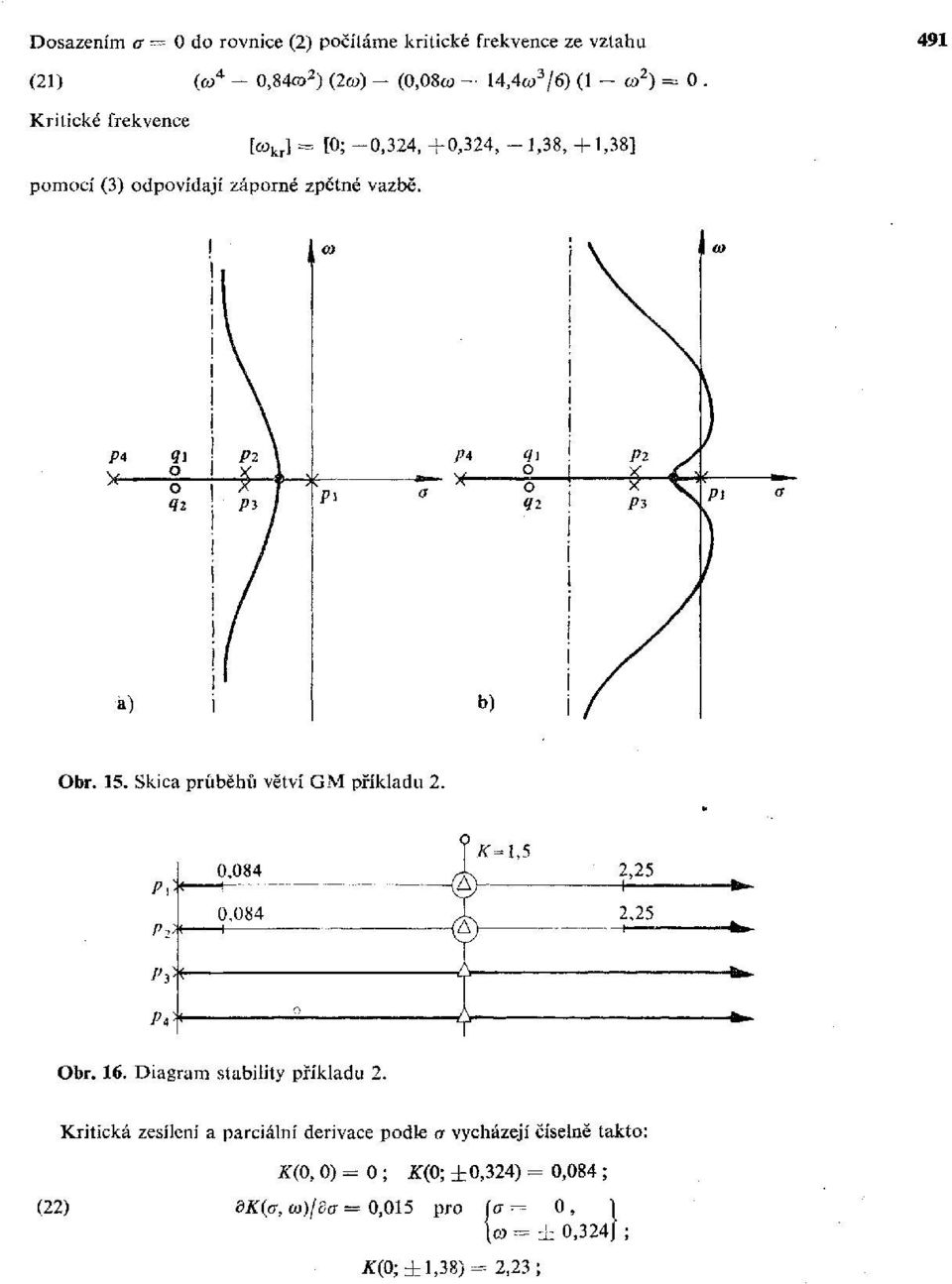 Skica průběhů větví GM příkladu 2. < 1 0,084 0,084 p 2 X V- - üґ=l,5 2,25 2,25 Pi-Ь Obr. 16. Diagram stability příkladu 2.