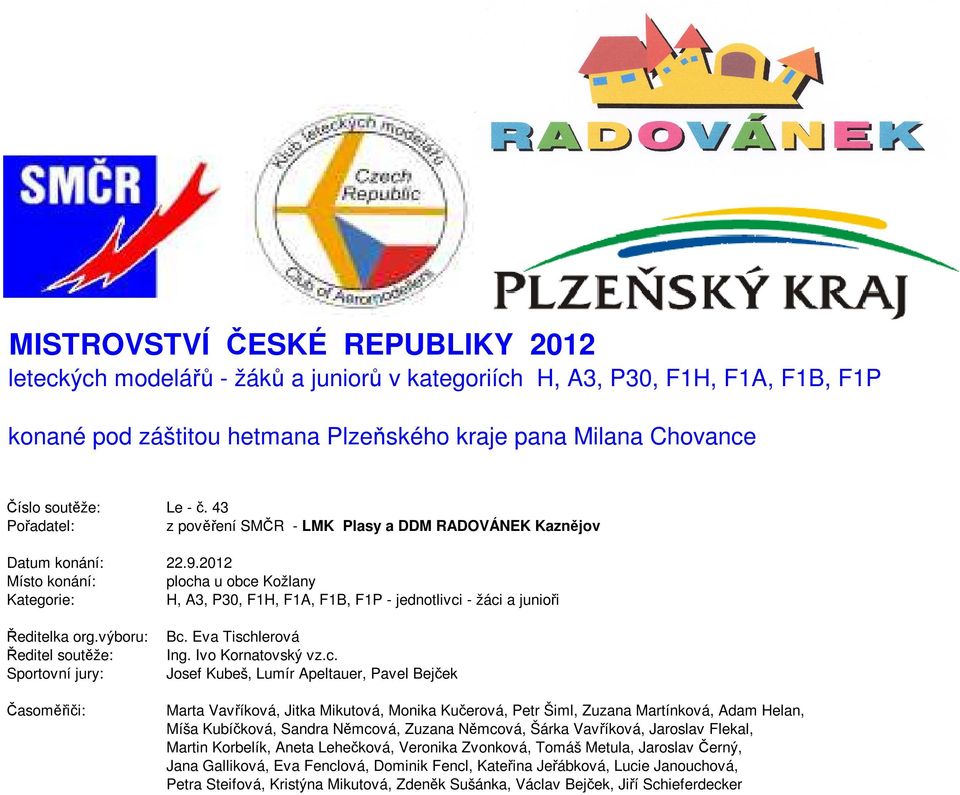 2012 Místo konání: plocha u obce Kožlany Kategorie: H, A3, P30, F1H, F1A, F1B, F1P - jednotlivci - žáci a junioři Ředitelka org.výboru: Ředitel soutěže: Sportovní jury: Časoměřiči: Bc.