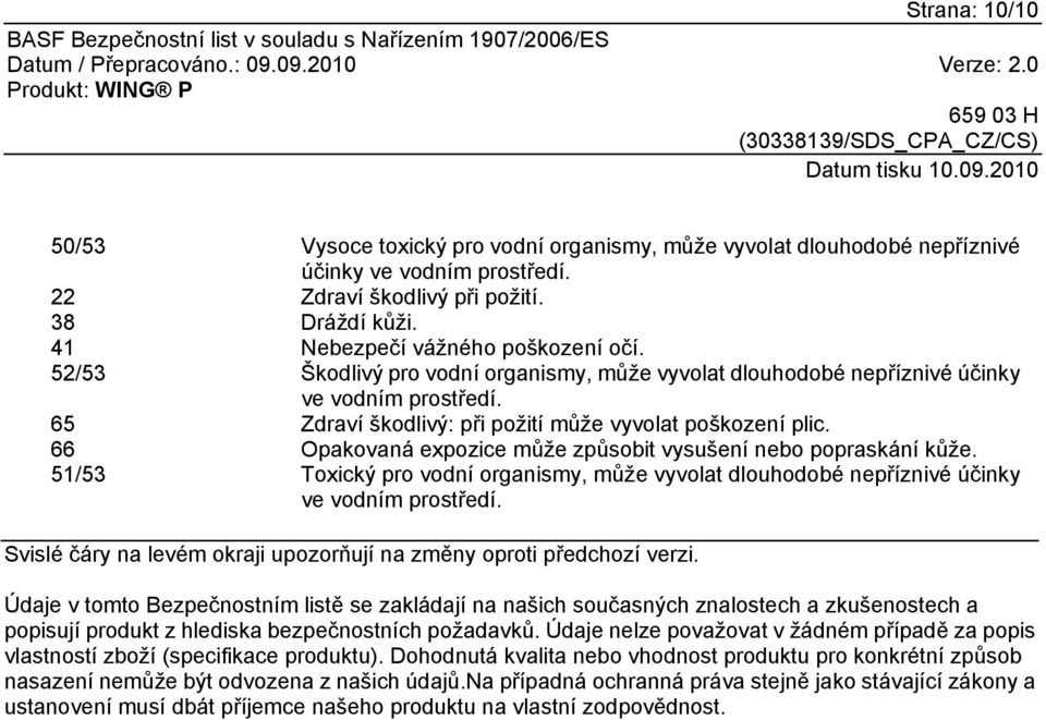 66 Opakovaná expozice může způsobit vysušení nebo popraskání kůže. 51/53 Toxický pro vodní organismy, může vyvolat dlouhodobé nepříznivé účinky ve vodním prostředí.