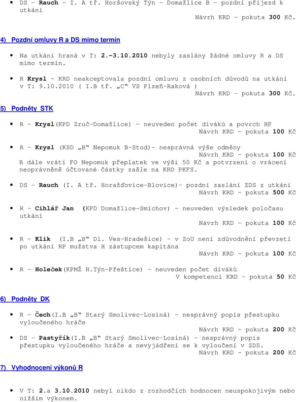 5) Podněty STK R Krysl(KPD Zruč-Domažlice) neuveden počet diváků a povrch HP R - Krysl (KSD B Nepomuk B-Stod) nesprávná výše odměny R dále vrátí FO Nepomuk přeplatek ve výši 50 Kč a potvrzení o