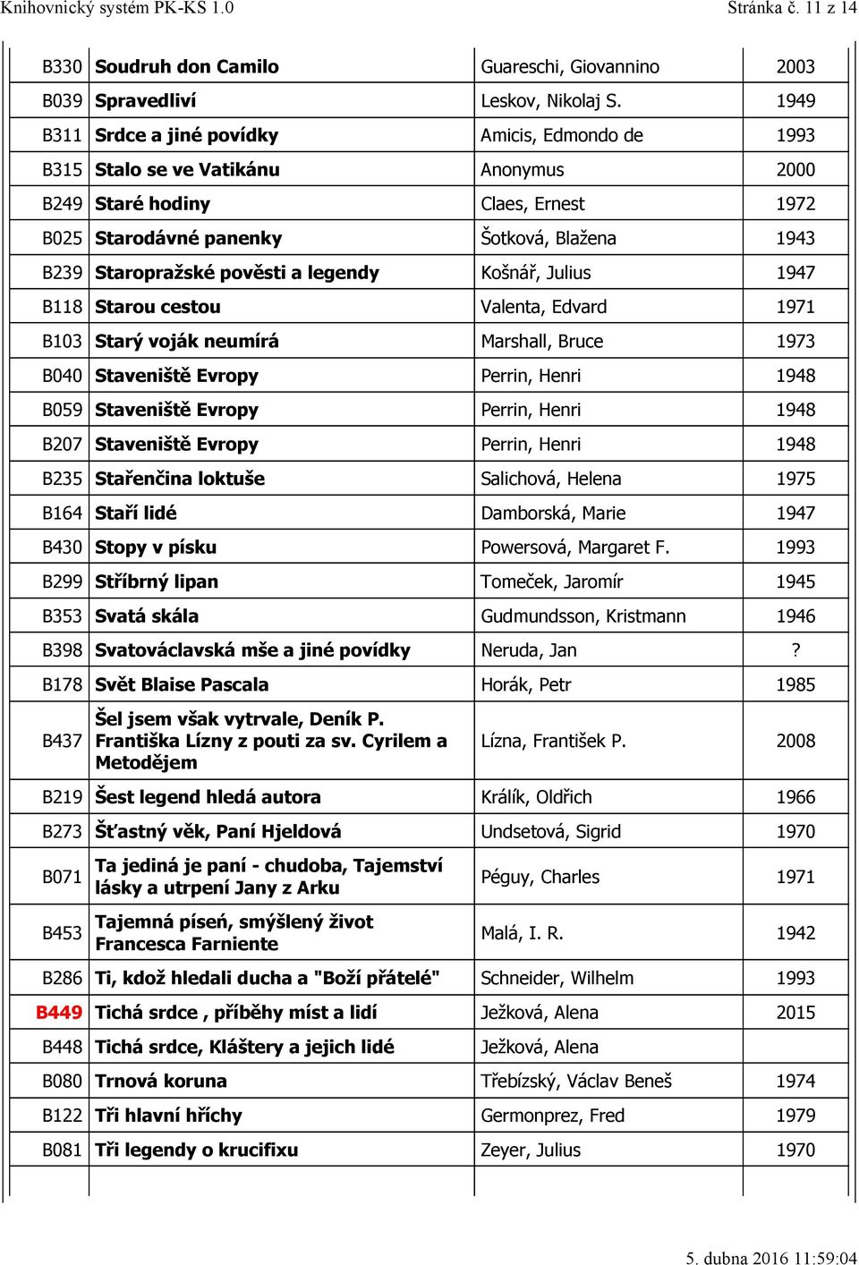 pověsti a legendy Košnář, Julius 1947 B118 Starou cestou Valenta, Edvard 1971 B103 Starý voják neumírá Marshall, Bruce 1973 B040 Staveniště Evropy Perrin, Henri 1948 B059 Staveniště Evropy Perrin,