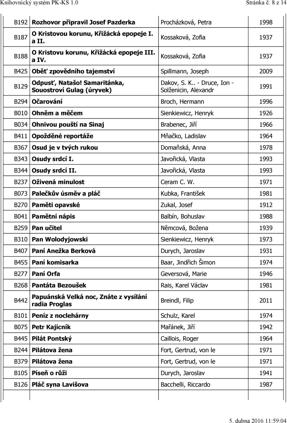 ssaková, Zofia 1937 B425 Oběť zpovědního tajemství Spillmann, Joseph 2009 B129 Odpusť, Natašo! Samaritánka, Souostroví Gulag (úryvek) Dakov, S. K.