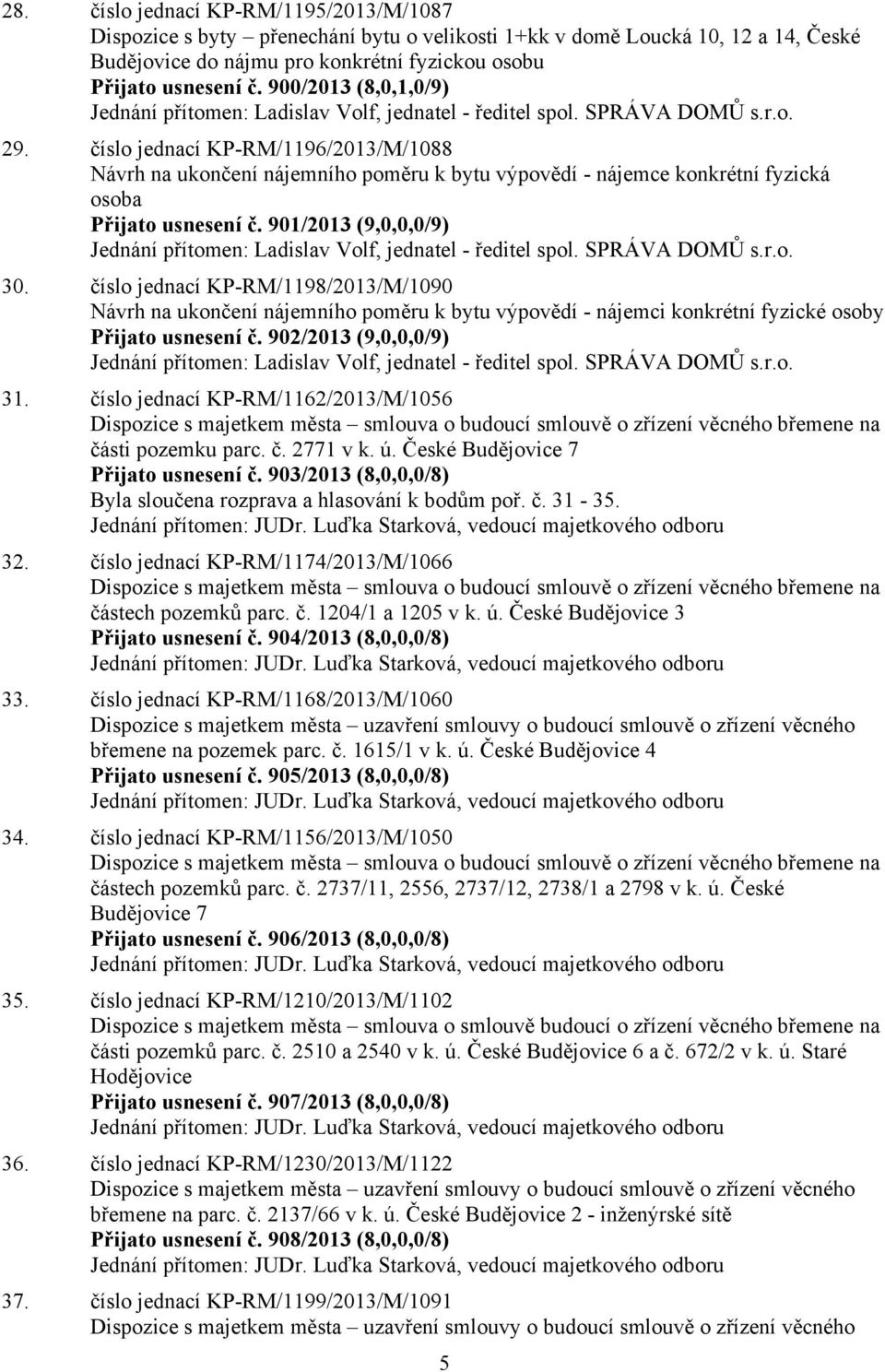 číslo jednací KP-RM/1196/2013/M/1088 Návrh na ukončení nájemního poměru k bytu výpovědí - nájemce konkrétní fyzická osoba Přijato usnesení č.