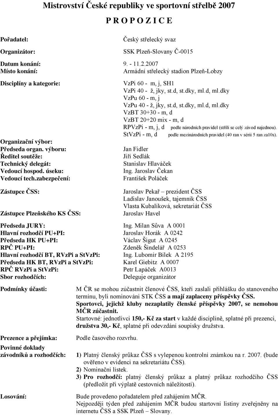 dky VzPu 60 m, j VzPu 40 ž, jky, st.d, st.dky, ml.d, ml.dky VzBT 30+30 m, d VzBT 20+20 mix m, d RPVzPi m, j, d podle národních pravidel (střílí se celý závod najednou).