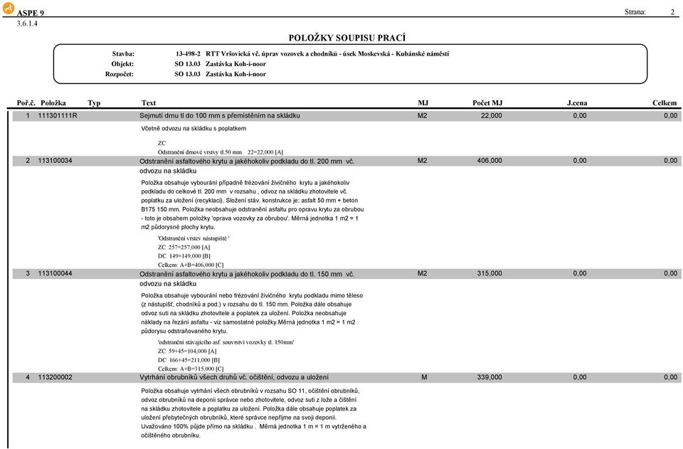 odvozu na skládku M2 406,000 Položka obsahuje vybourání případně frézování živičného krytu a jakéhokoliv podkladu do celkové tl. 200 mm v rozsahu, odvoz na skládku zhotovitele vč.