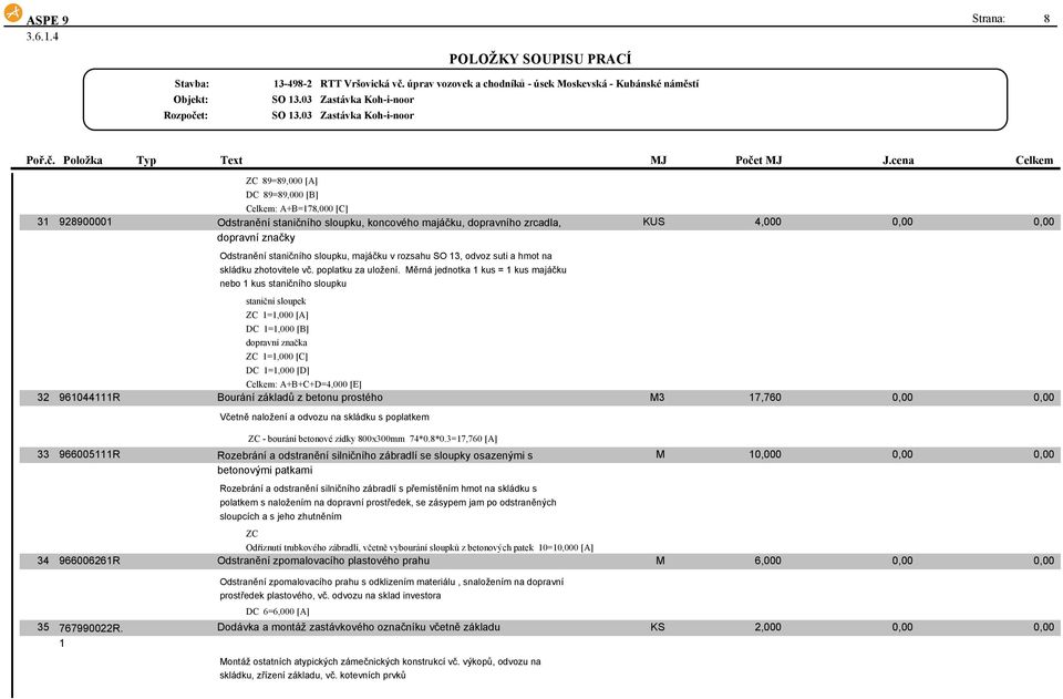 Měrná jednotka 1 kus = 1 kus majáčku nebo 1 kus staničního sloupku staniční sloupek 1=1,000 [A] DC 1=1,000 [B] dopravní značka 1=1,000 [C] DC 1=1,000 [D] Celkem: A+B+C+D=4,000 [E] 32 961044111R