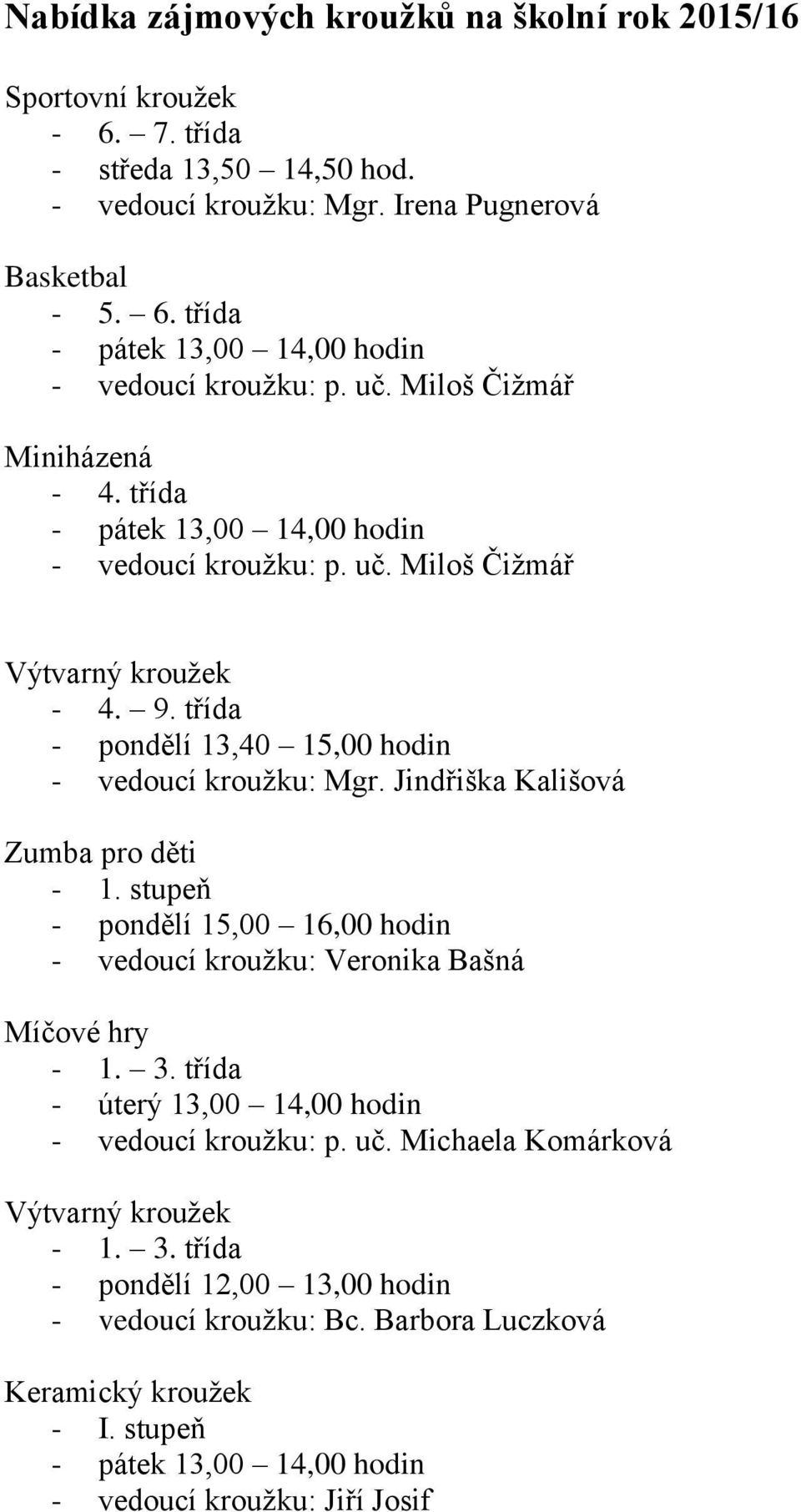 Jindřiška Kališová Zumba pro děti - 1. stupeň - pondělí 15,00 16,00 hodin - vedoucí kroužku: Veronika Bašná Míčové hry - 1. 3. třída - úterý 13,00 14,00 hodin - vedoucí kroužku: p. uč.