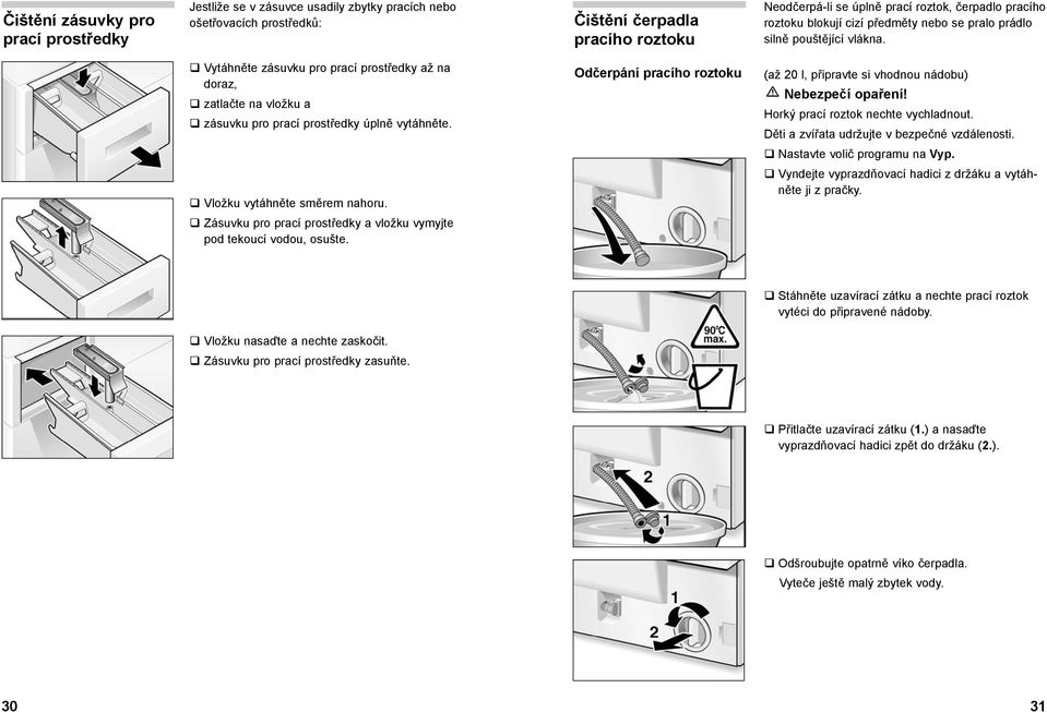 Odčerpání pracího roztoku (až 20 l, připravte si vhodnou nádobu) Nebezpečí opaření! Horký prací roztok nechte vychladnout. Děti a zvířata udržujte v bezpečné vzdálenosti.