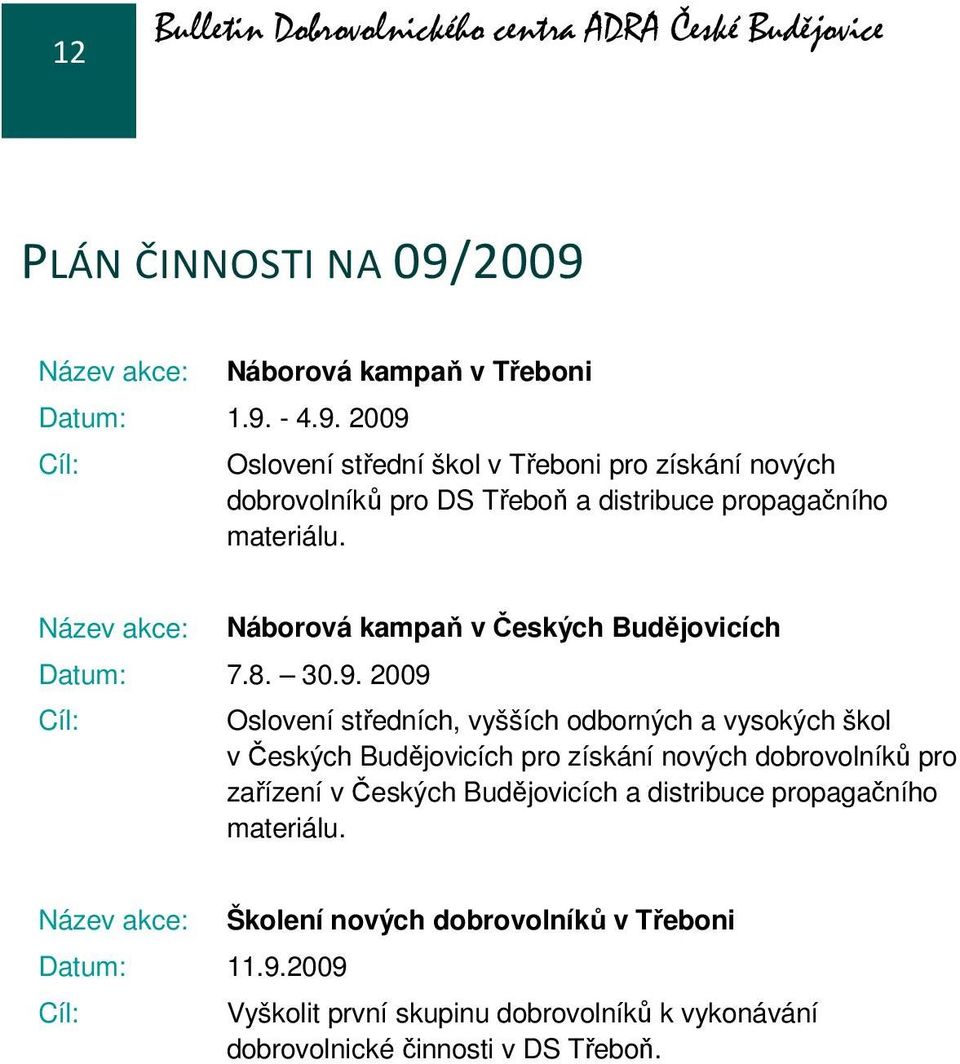 Náborová kampaň v Českých Budějovicích Datum: 7.8. 30.9.