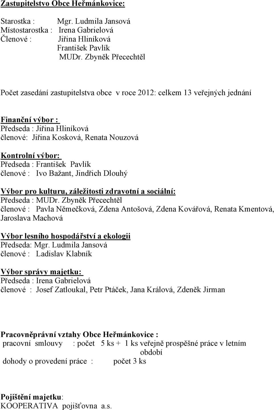 Předseda : František Pavlík členové : Ivo Bažant, Jindřich Dlouhý Výbor pro kulturu, záležitosti zdravotní a sociální: Předseda : MUDr.