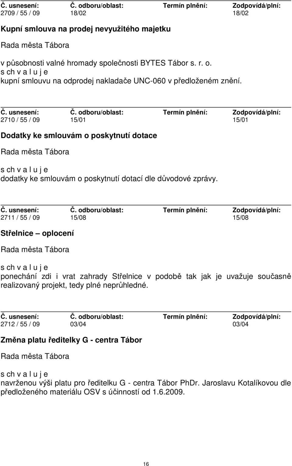 2710 / 55 / 09 15/01 15/01 Dodatky ke smlouvám o poskytnutí dotace dodatky ke smlouvám o poskytnutí dotací dle důvodové zprávy.