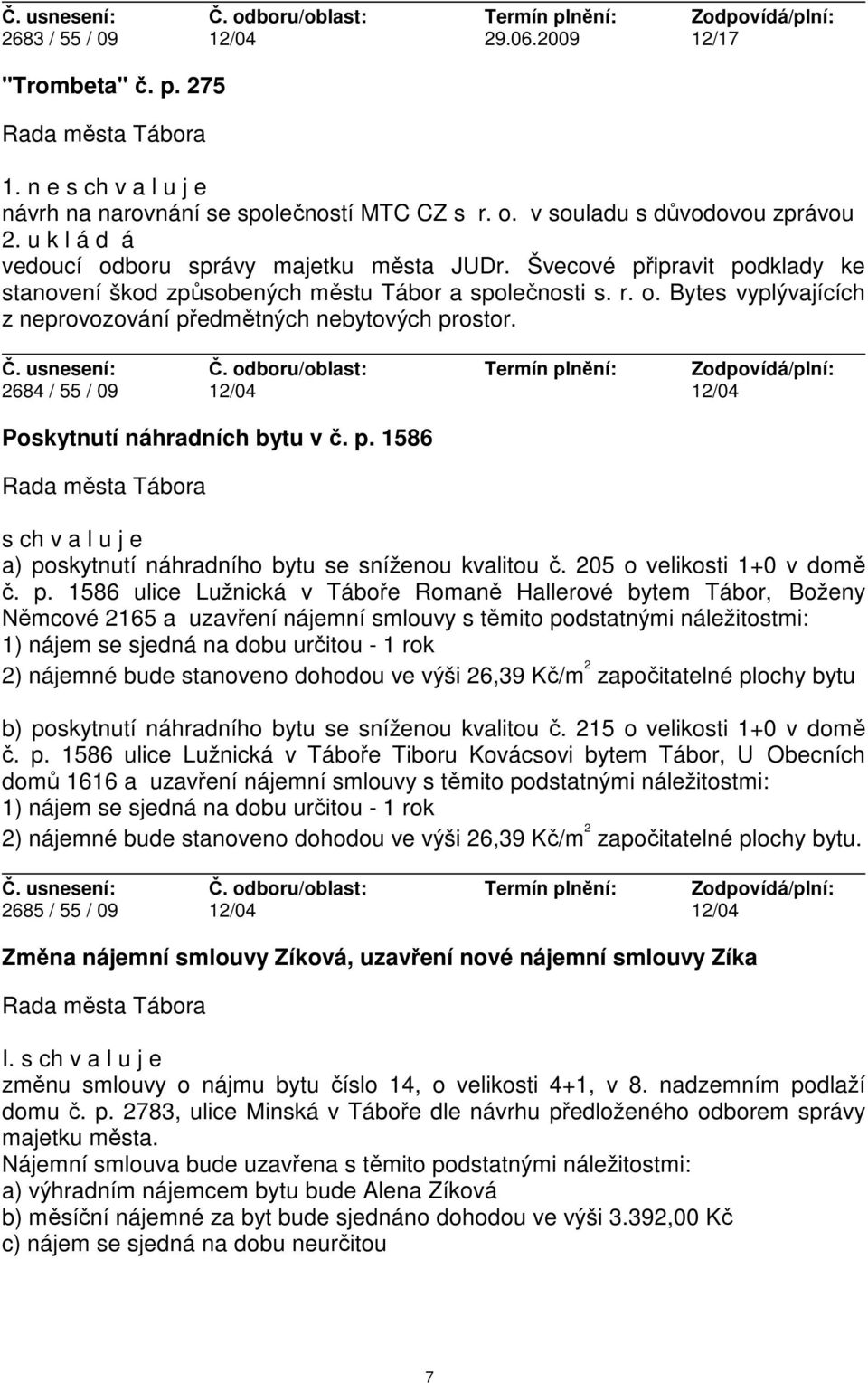 2684 / 55 / 09 12/04 12/04 Poskytnutí náhradních bytu v č. p.