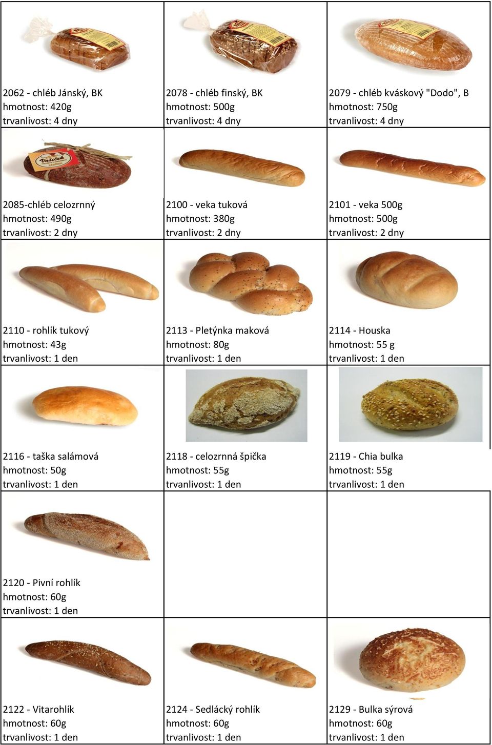 rohlík tukový 2113 - Pletýnka maková 2114 - Houska hmotnost: 43g hmotnost: 80g hmotnost: 55 g 2116 - taška salámová 2118 - celozrnná špička 2119 - Chia bulka hmotnost: 50g