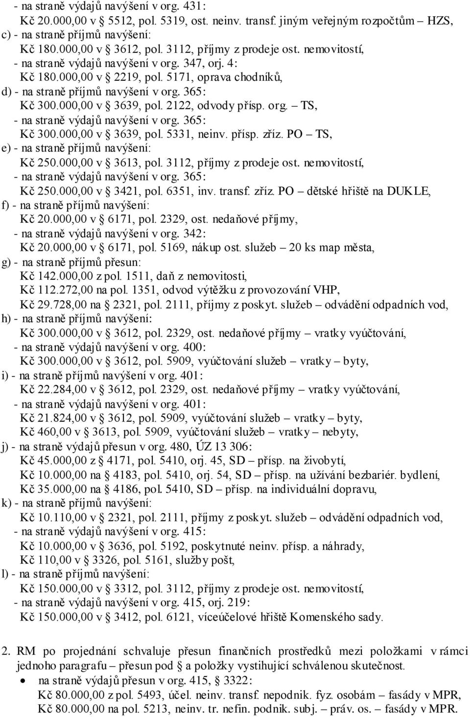 000,00 v 3639, pol. 2122, odvody přísp. org. TS, - na straně výdajů navýšení v org. 365: Kč 300.000,00 v 3639, pol. 5331, neinv. přísp. zříz. PO TS, e) - na straně příjmů navýšení: Kč 250.