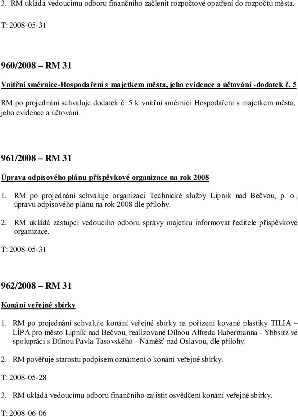 5 k vnitřní směrnici Hospodaření s majetkem města, jeho evidence a účtování. 961/2008 RM 31 Úprava odpisového plánu příspěvkové organizace na rok 2008 1.