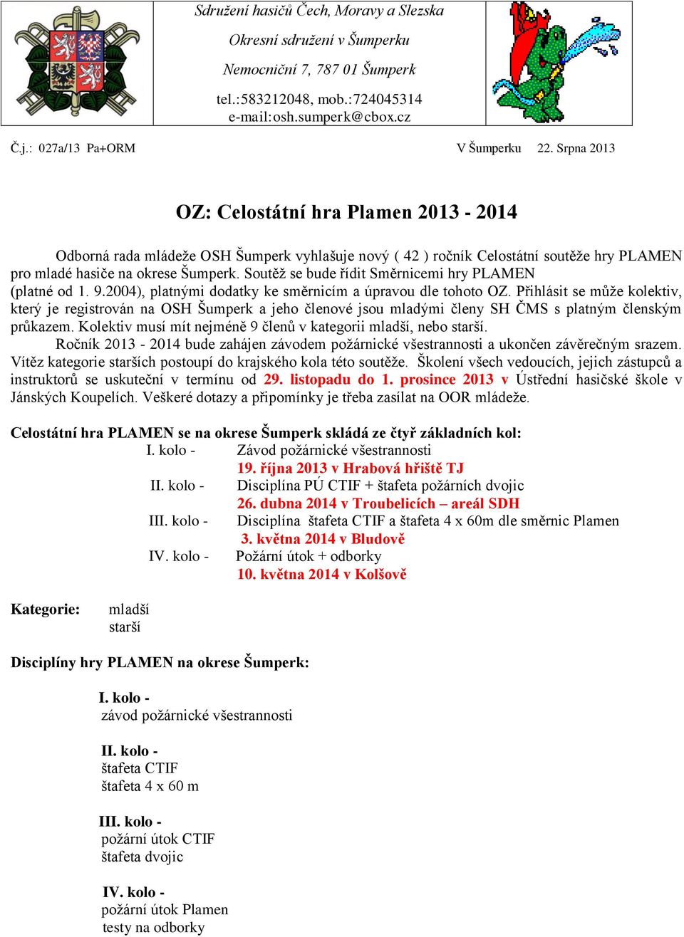 Soutěž se bude řídit Směrnicemi hry PLAMEN (platné od 1. 9.2004), platnými dodatky ke směrnicím a úpravou dle tohoto OZ.