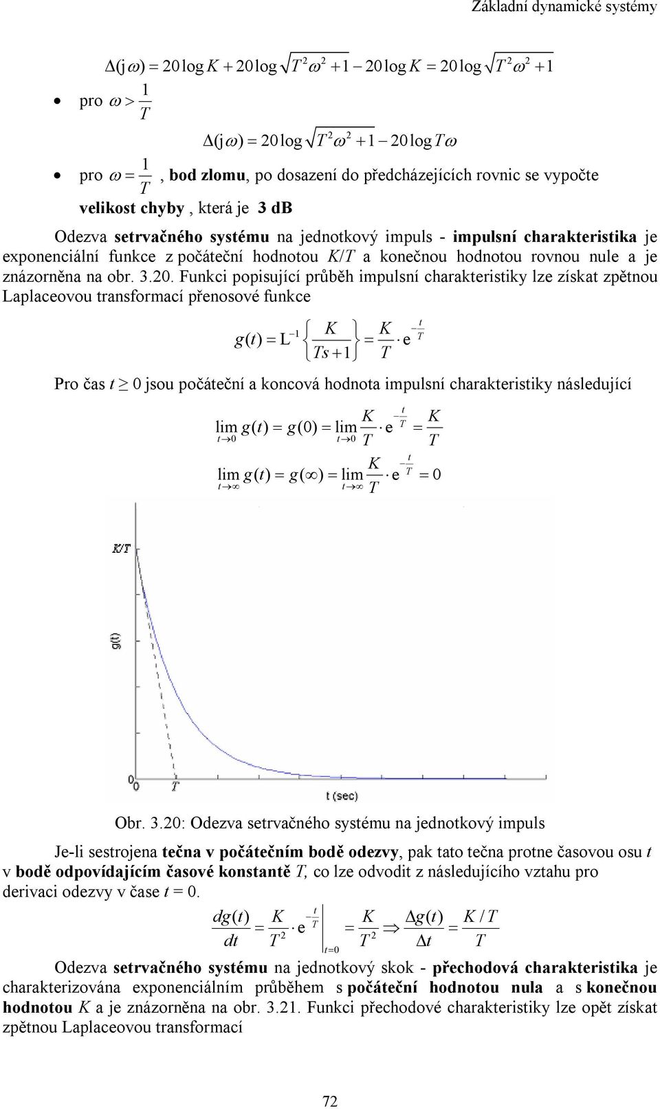 Funkci popisující průběh impulsní charakerisiky lze získa zpěnou Laplaceovou ransformací přenosové funkce K s+ K () = L = e g Pro čas 0 jsou počáeční a koncová hodnoa impulsní charakerisiky