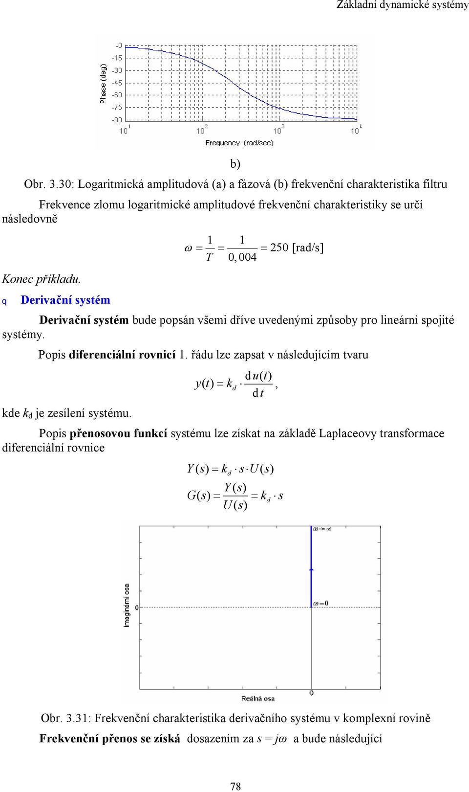 q Derivační sysém ω = 50 [rad/s] = 0,004 = Derivační sysém bude popsán všemi dříve uvedenými způsoby pro lineární spojié sysémy. Popis diferenciální rovnicí.