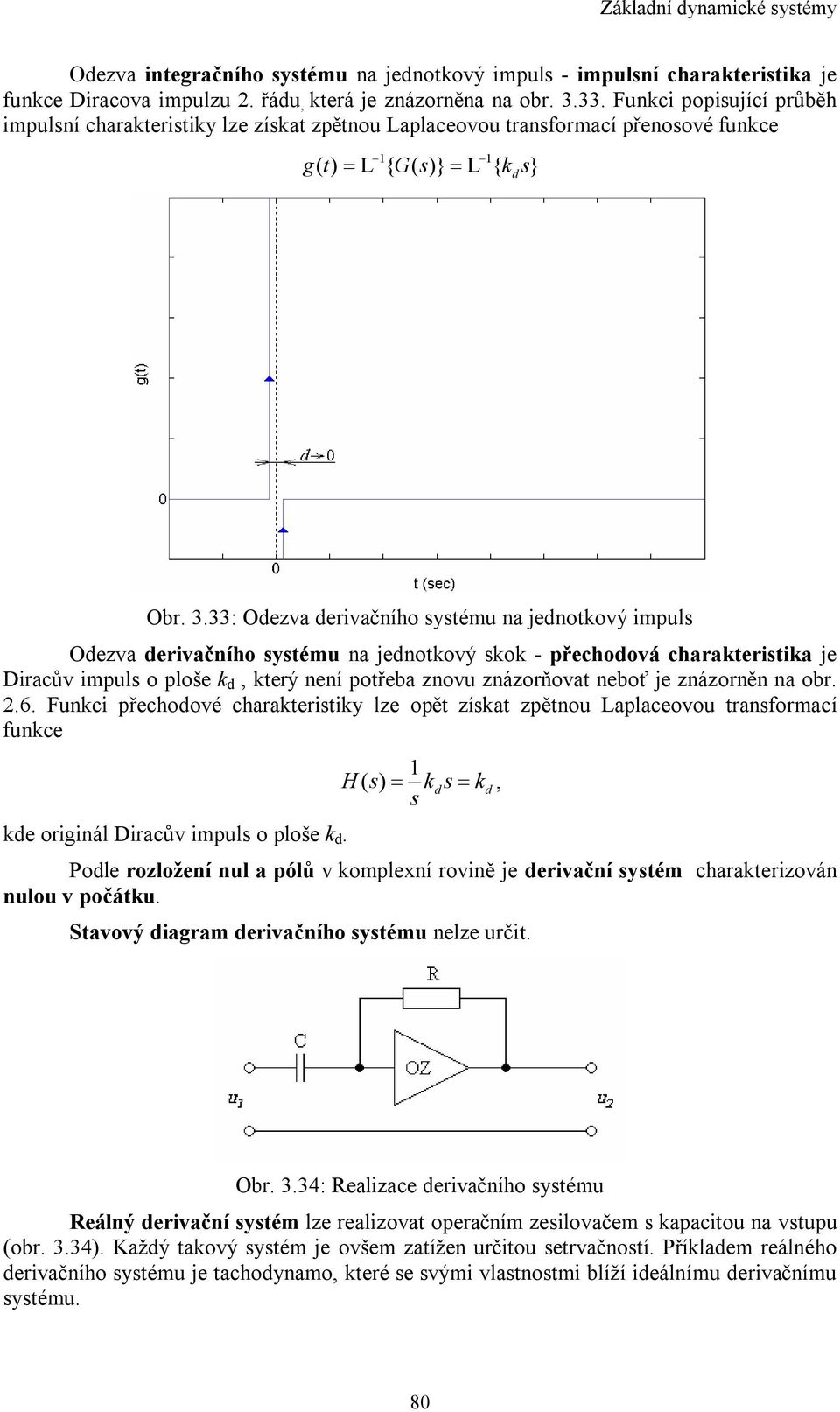 33: Odezva derivačního sysému na jednokový impuls Odezva derivačního sysému na jednokový skok - přechodová charakerisika je Diracův impuls o ploše k d, kerý není pořeba znovu znázorňova neboť je