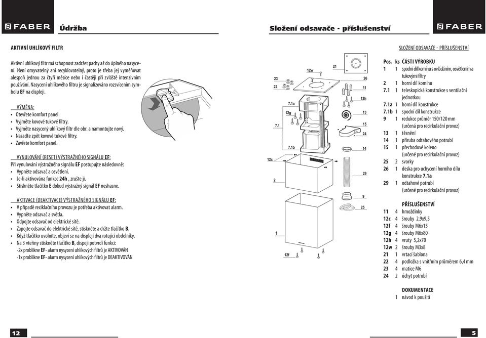 Nasycení uhlíkového filtru je signalizováno rozsvícením symbolu EF na displeji. VÝMĚNA: Otevřete komfort panel. Vyjměte kovové tukové filtry. Vyjměte nasycený uhlíkový filtr dle obr.