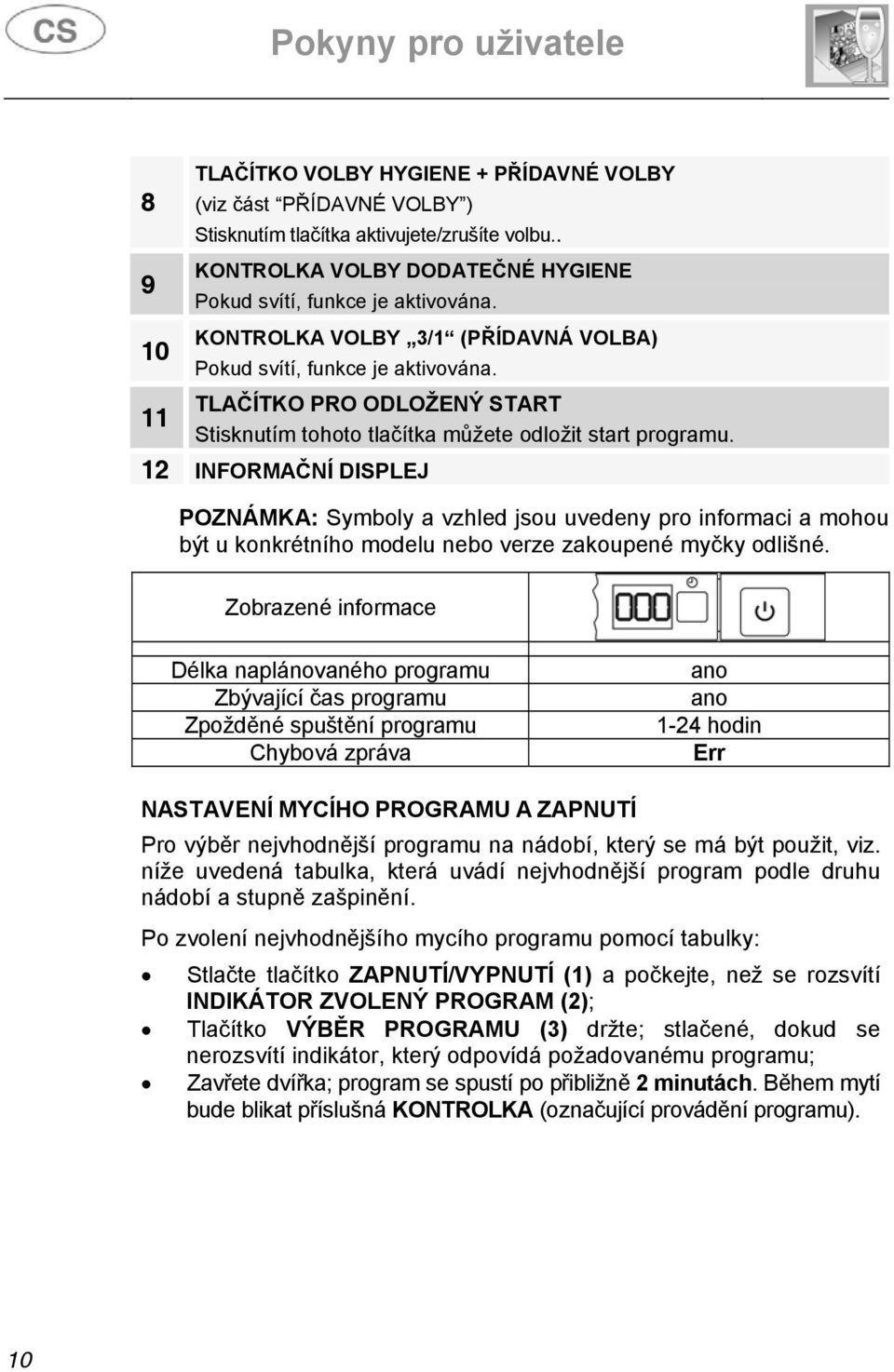 12 INFORMAČNÍ DISPLEJ POZNÁMKA: Symboly a vzhled jsou uvedeny pro informaci a mohou být u konkrétního modelu nebo verze zakoupené myčky odlišné.