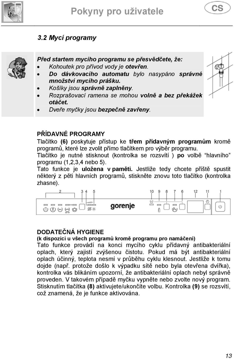 PŘÍDAVNÉ PROGRAMY Tlačítko (6) poskytuje přístup ke třem přídavným programům kromě programů, které lze zvolit přímo tlačítkem pro výběr programu.