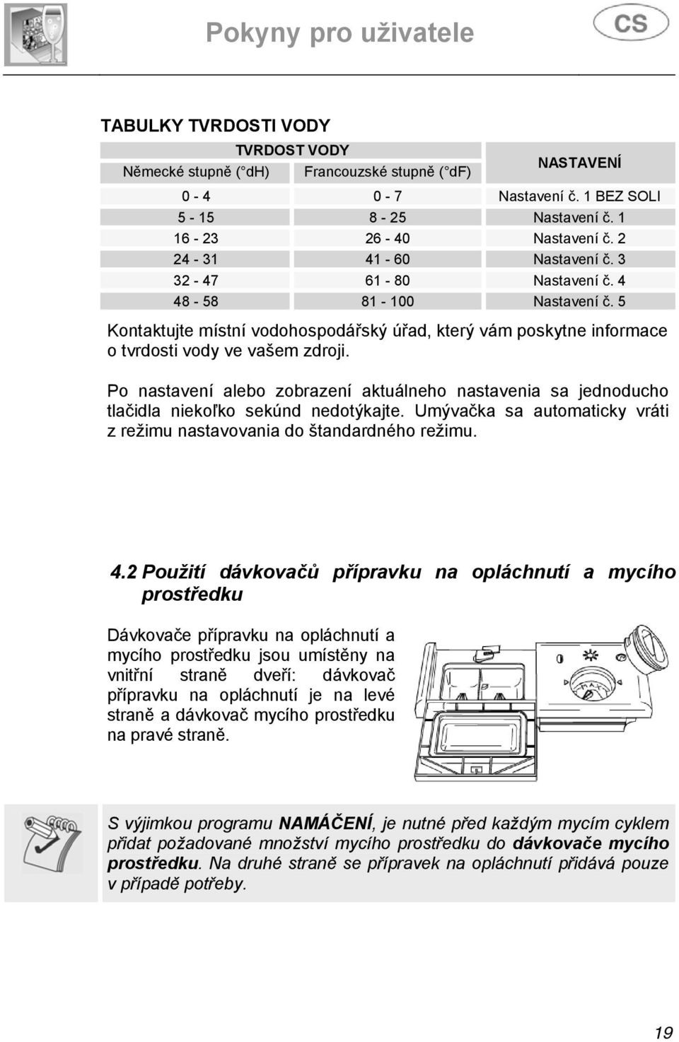 Po nastavení alebo zobrazení aktuálneho nastavenia sa jednoducho tlačidla niekoľko sekúnd nedotýkajte. Umývačka sa automaticky vráti z režimu nastavovania do štandardného režimu. 4.