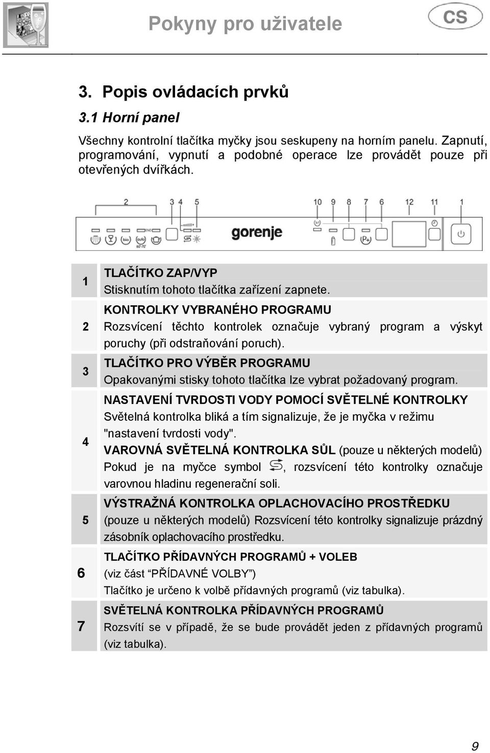 KONTROLKY VYBRANÉHO PROGRAMU Rozsvícení těchto kontrolek označuje vybraný program a výskyt poruchy (při odstraňování poruch).
