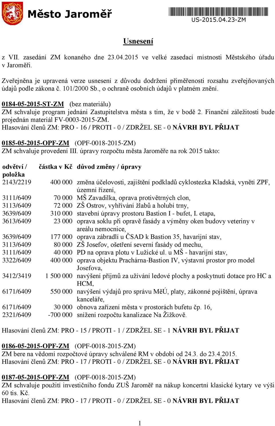 0184-05-2015-ST-ZM (bez materiálu) ZM schvaluje program jednání Zastupitelstva města s tím, že v bodě 2. Finanční záležitosti bude projednán materiál FV-0003-2015-ZM.