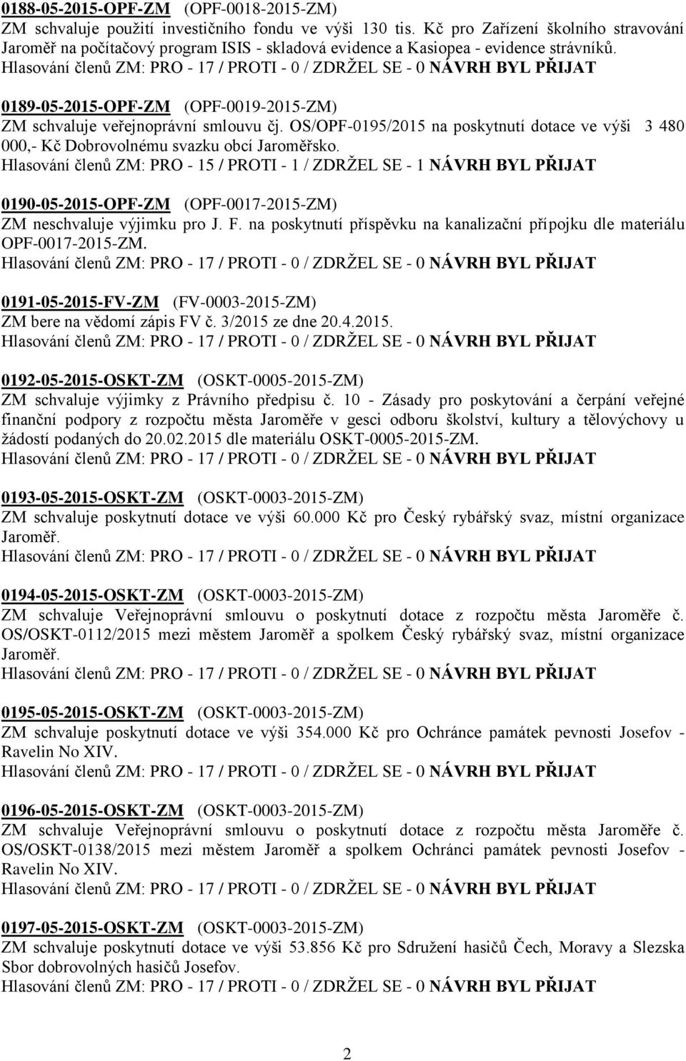 0189-05-2015-OPF-ZM (OPF-0019-2015-ZM) ZM schvaluje veřejnoprávní smlouvu čj. OS/OPF-0195/2015 na poskytnutí dotace ve výši 3 480 000,- Kč Dobrovolnému svazku obcí Jaroměřsko.