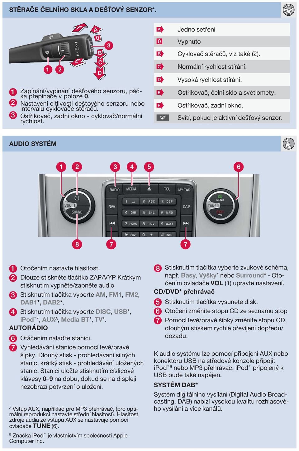 Ostřikovač, čelní sklo a světlomety. Ostřikovač, zadní okno. Svítí, pokud je aktivní dešťový senzor. AUDIO SYSTÉM 1 Otočením nastavte hlasitost.