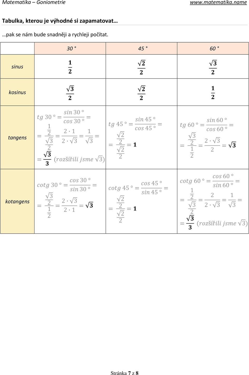 30 45 60 sinus kosinus tangens 30 30 30 (šíř ) 45 45