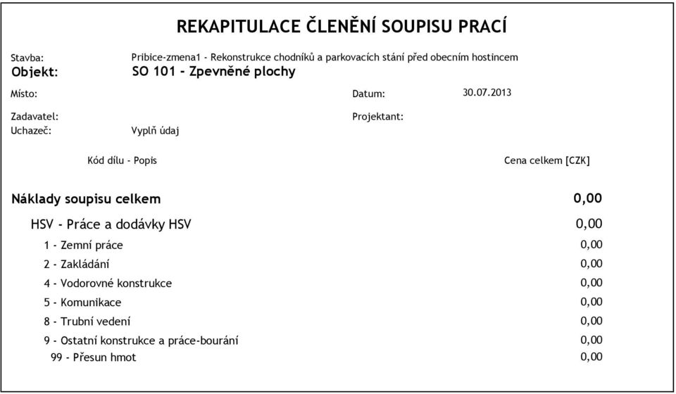 2013 Zadavatel: Projektant: Uchazeč: Kód dílu - Popis Cena celkem [CZK] Náklady soupisu celkem HSV - Práce a