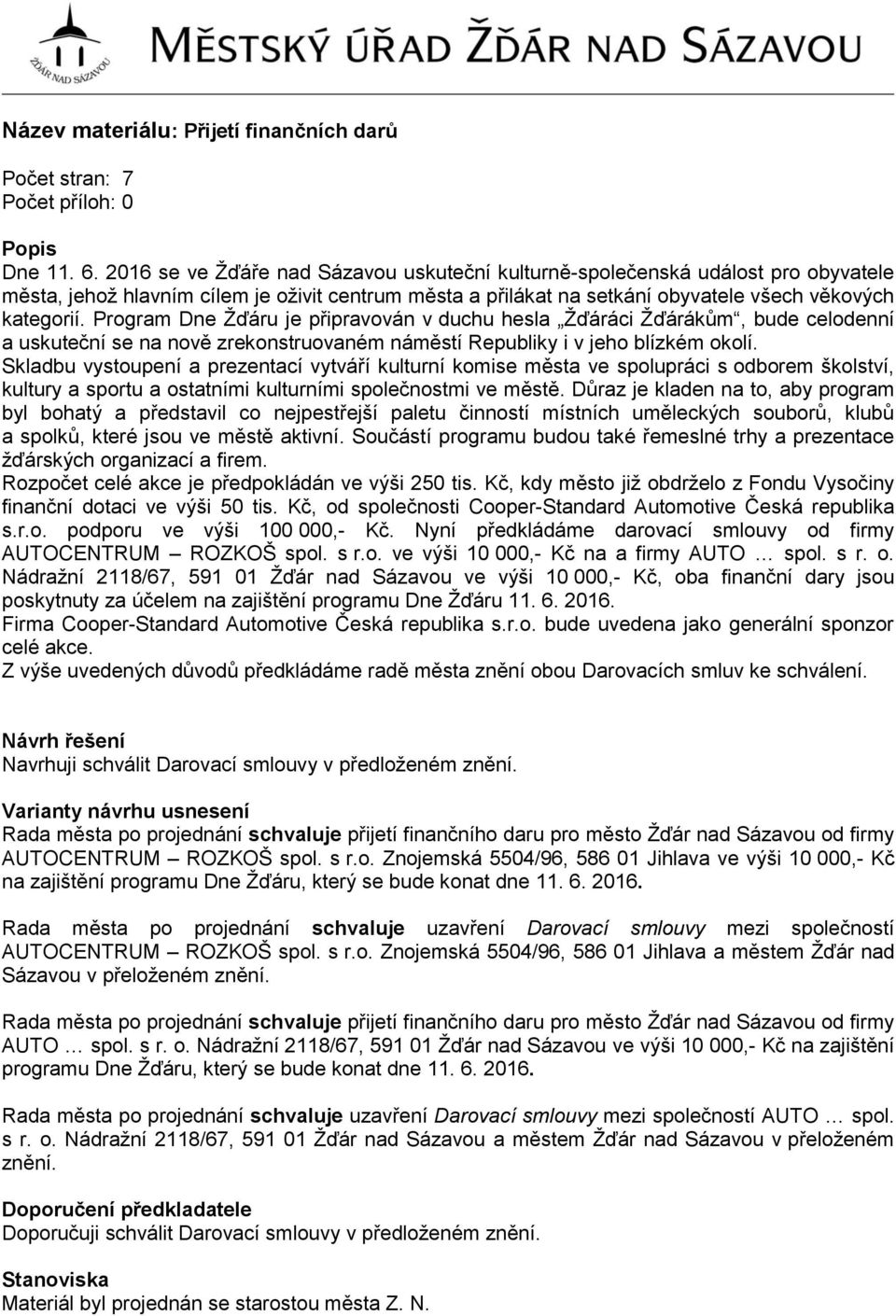 Program Dne Žďáru je připravován v duchu hesla Žďáráci Žďárákům, bude celodenní a uskuteční se na nově zrekonstruovaném náměstí Republiky i v jeho blízkém okolí.