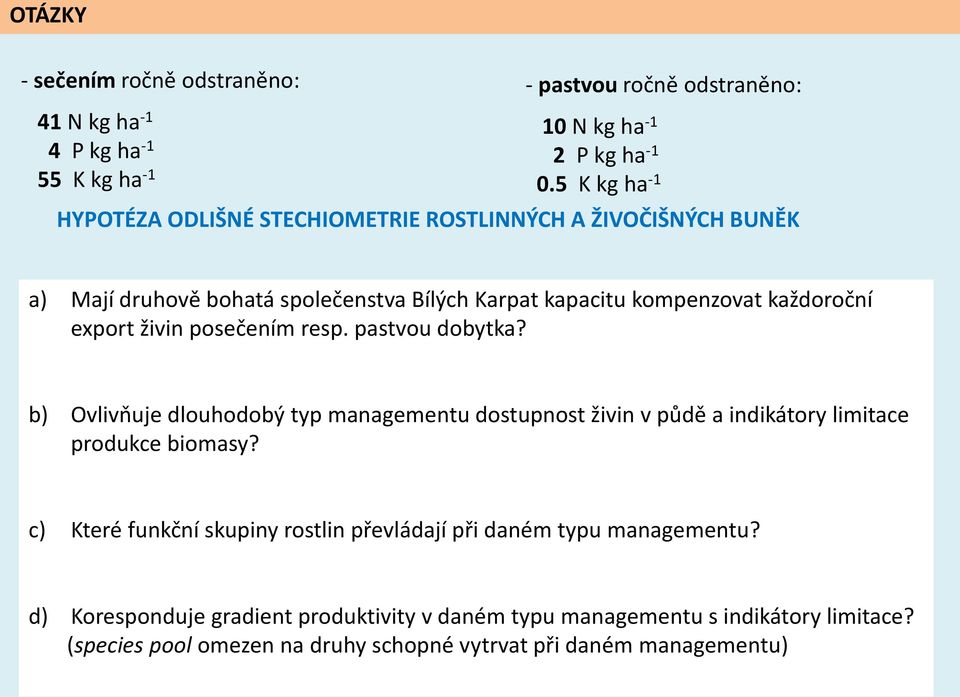 živin posečením resp. pastvou dobytka? b) Ovlivňuje dlouhodobý typ managementu dostupnost živin v půdě a indikátory limitace produkce biomasy?