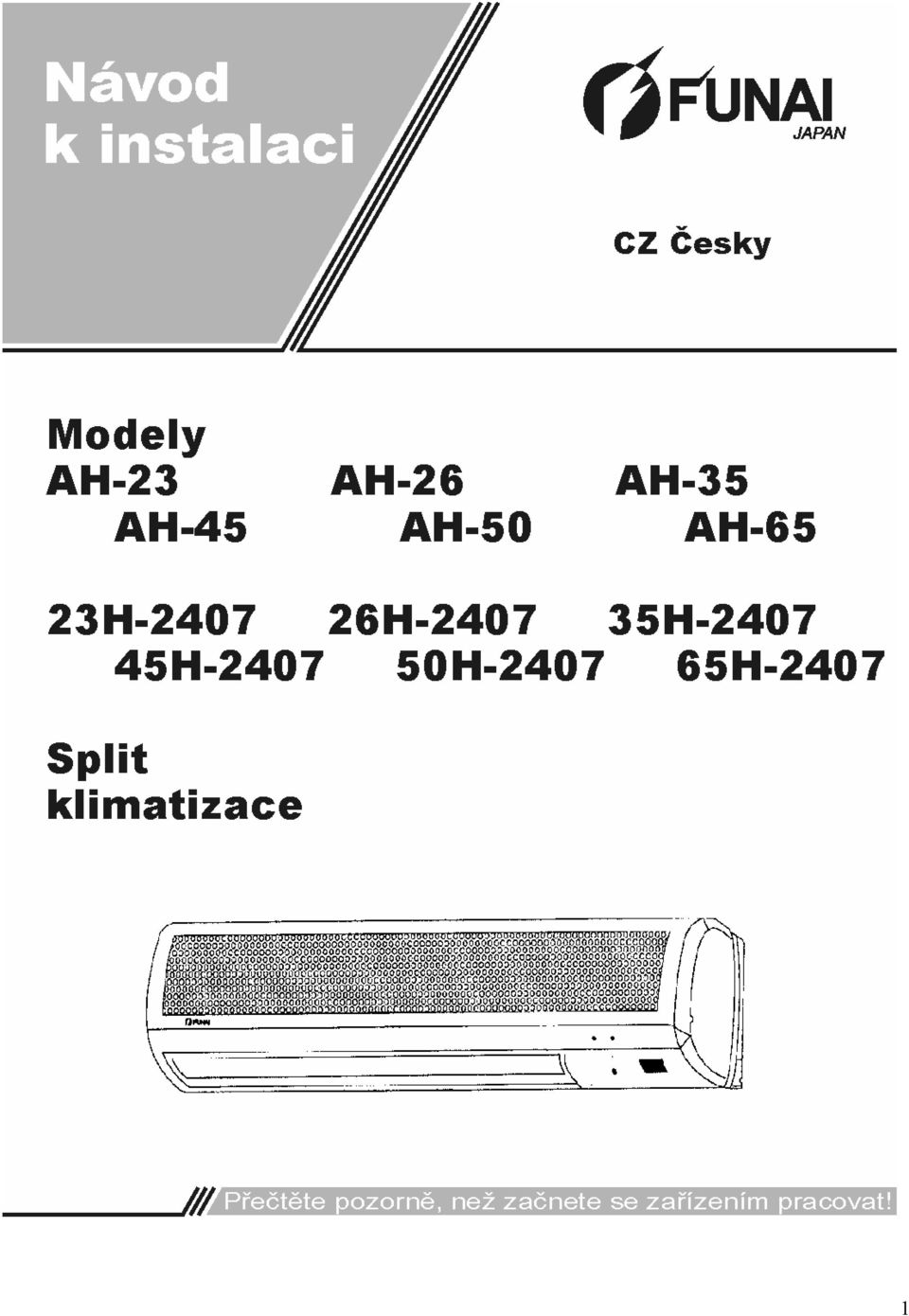 NÁSTĚNNÁ SPLIT KLIMATIZACE FUNAI AH-23R - AH-65R Návod k instalaci - PDF  Stažení zdarma