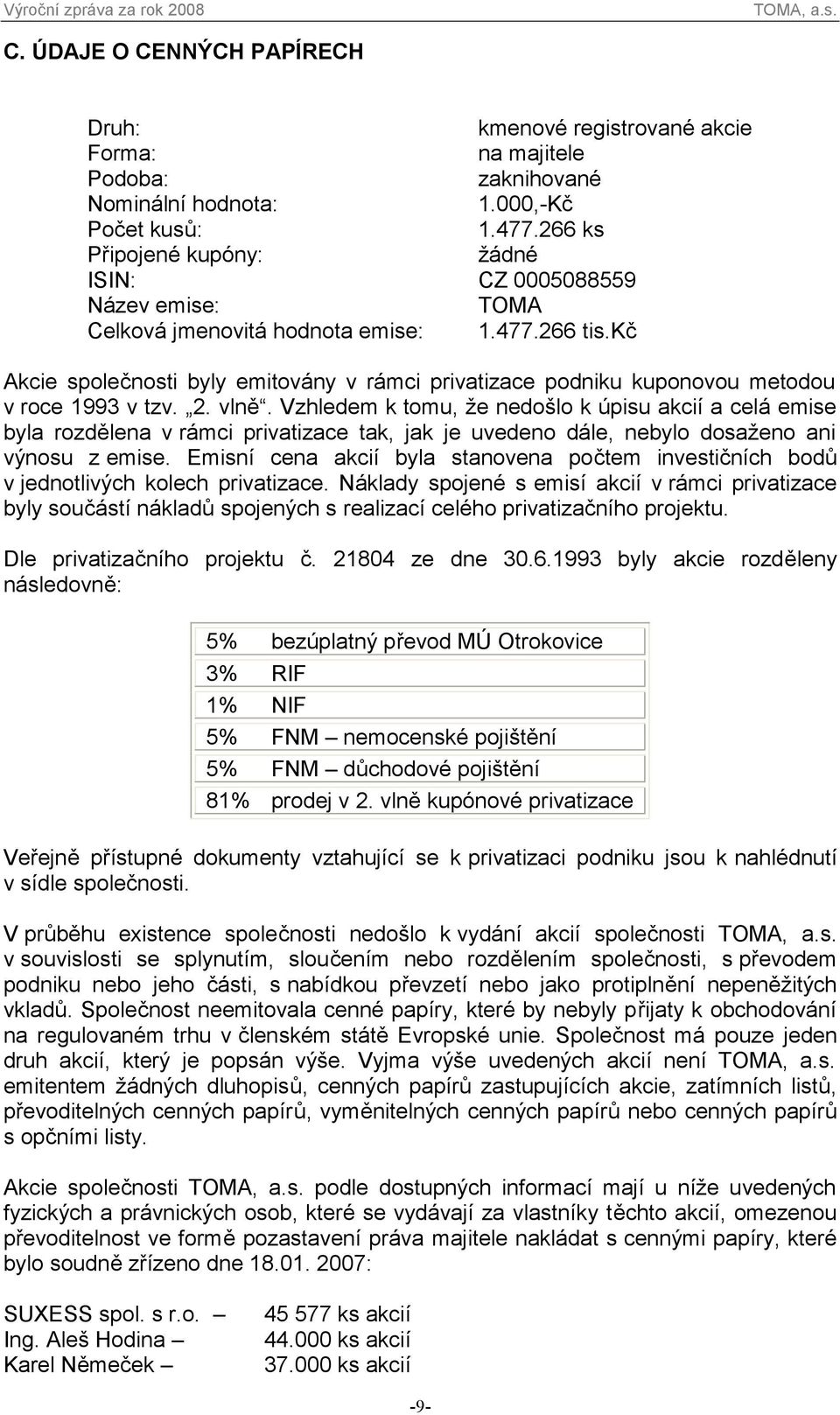 kč Akcie společnosti byly emitovány v rámci privatizace podniku kuponovou metodou v roce 1993 v tzv. 2. vlně.