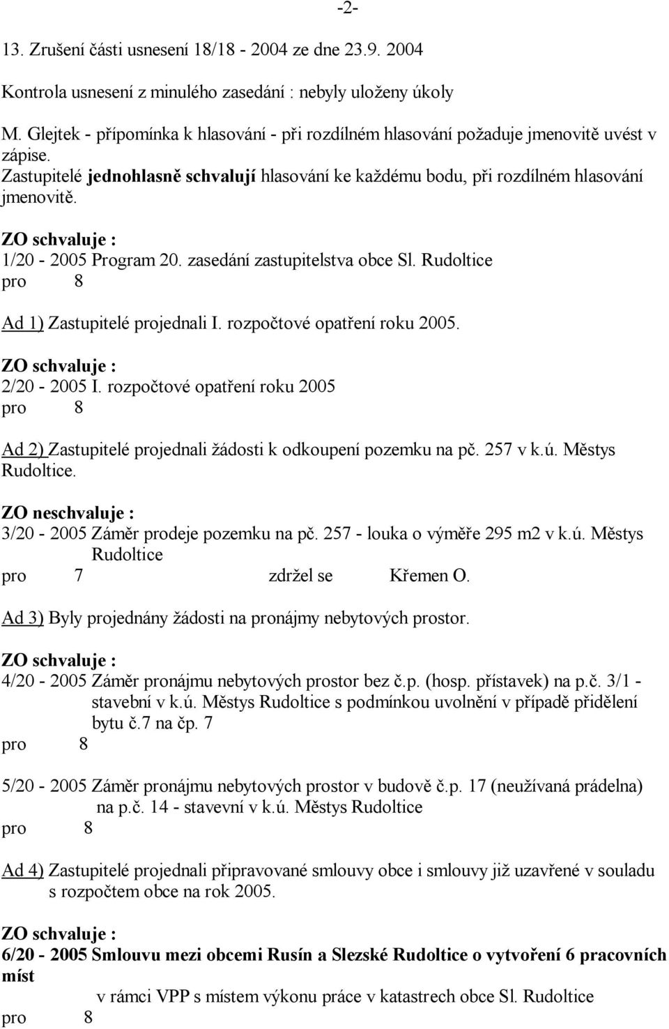 1/20-2005 Program 20. zasedání zastupitelstva obce Sl. Rudoltice Ad 1) Zastupitelé projednali I. rozpo tové opat ení roku 2005. 2/20-2005 I.