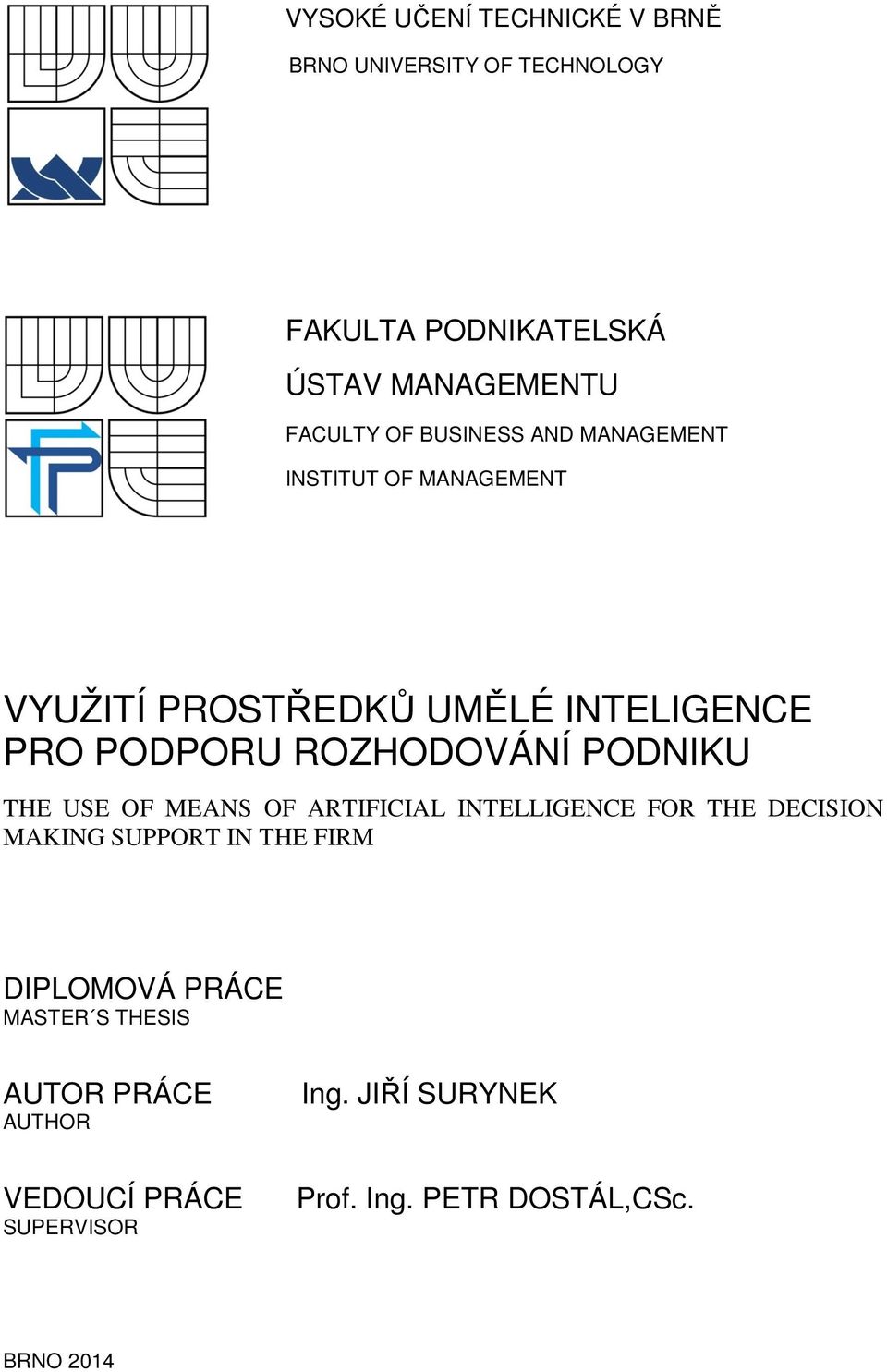 PODNIKU THE USE OF MEANS OF ARTIFICIAL INTELLIGENCE FOR THE DECISION MAKING SUPPORT IN THE FIRM DIPLOMOVÁ PRÁCE