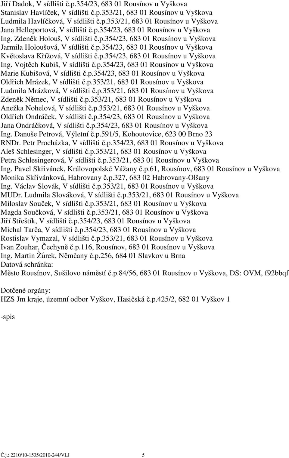 p.354/23, 683 01 Rousínov u Vyškova Ing. Vojtěch Kubiš, V sídlišti č.p.354/23, 683 01 Rousínov u Vyškova Marie Kubišová, V sídlišti č.p.354/23, 683 01 Rousínov u Vyškova Oldřich Mrázek, V sídlišti č.