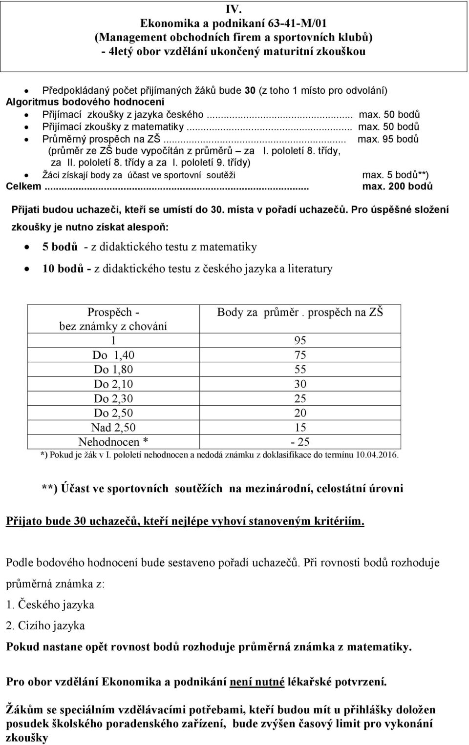 pololetí, za II. pololetí a za I. pololetí 9. třídy) Žáci získají body za účast ve sportovní soutěži max. 5 bodů**) Celkem... max. 200 bodů Přijati budou uchazeči, kteří se umístí do 30.