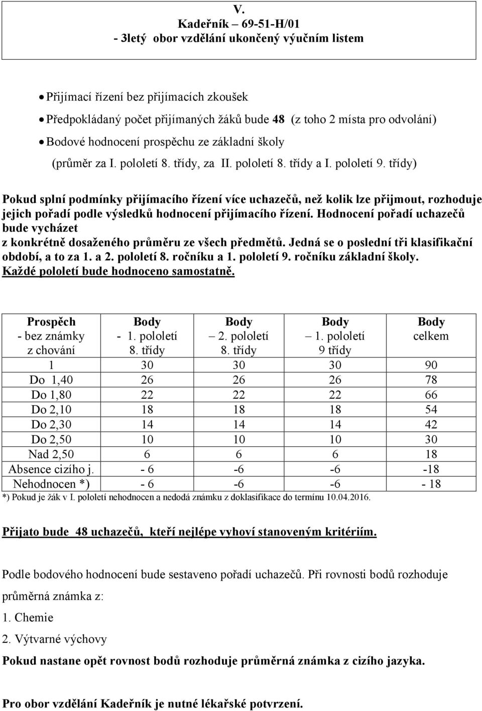 třídy) Pokud splní podmínky přijímacího řízení více uchazečů, než kolik lze přijmout, rozhoduje jejich pořadí podle výsledků hodnocení přijímacího řízení.