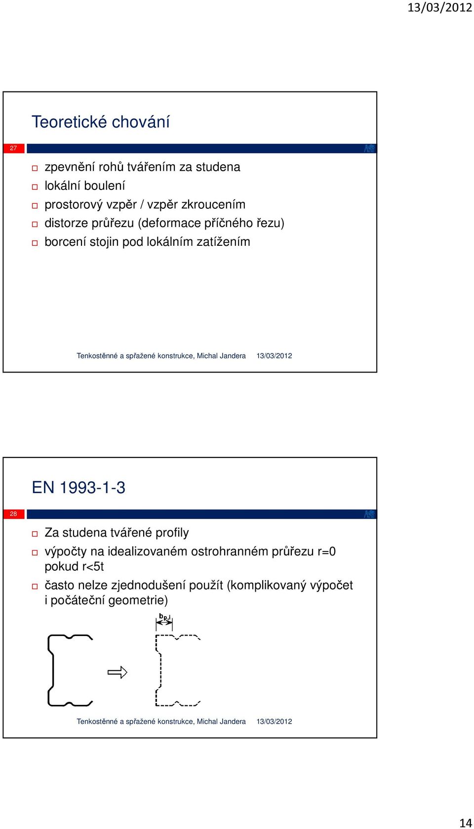 zatížením EN 1993-1-3 28 Za studena tvářené profily výpočty na idealizovaném ostrohranném