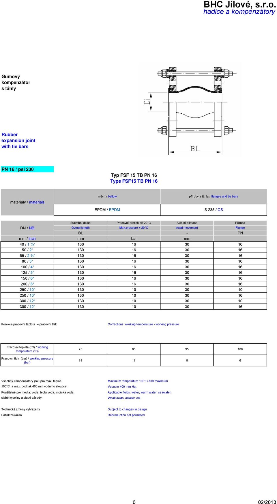 pressure + Axial movement Flange BL - PN mm / inch mm bar mm 40 / 1 ½ 130 16 30 16 50 / 2 130 16 30 16 65 / 2 ½ 130 16 30 16 80 / 3 130 16 30 16 100 / 4 130 16 30 16 125 / 5 130 16 30 16 150 / 6 130