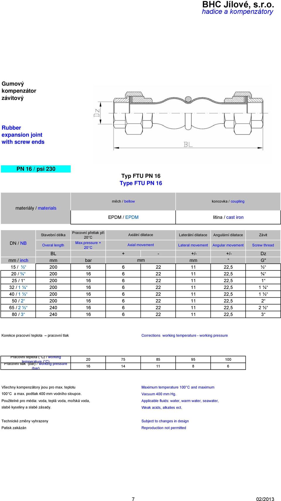 pressure + Overal length Axial movement Lateral movement Angular movement Screw thread BL + - +/- +/- Dz mm / inch mm bar mm mm G" 15 / ½ 200 16 6 22 11 22,5 ½ 20 / ¾ 200 16 6 22 11 22,5 ¾ 25 / 1 200