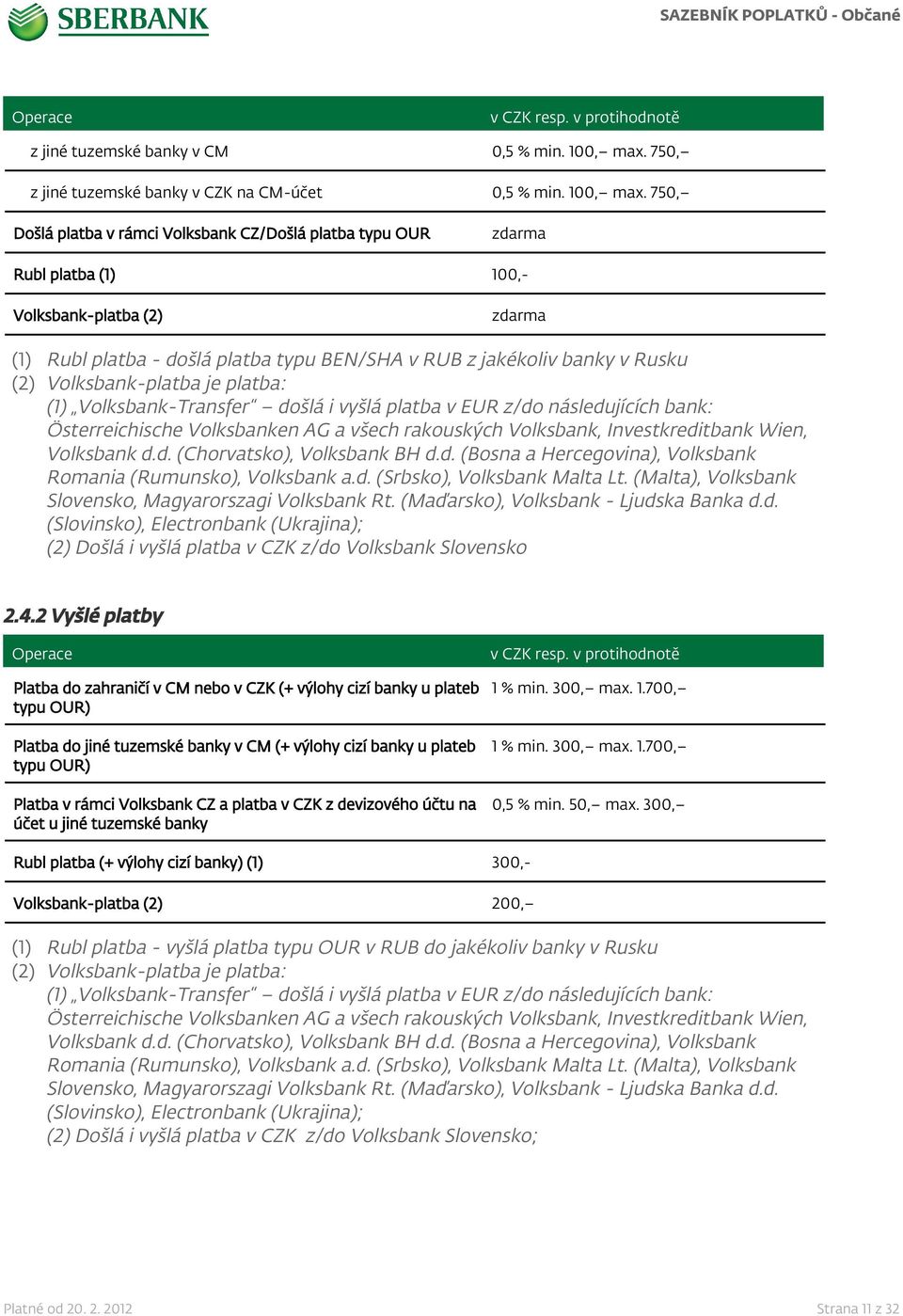 750, Došlá platba v rámci Volksbank CZ/Došlá platba typu OUR Rubl platba (1) 100,- Volksbank-platba (2) (1) Rubl platba - došlá platba typu BEN/SHA v RUB z jakékoliv banky v Rusku (2)