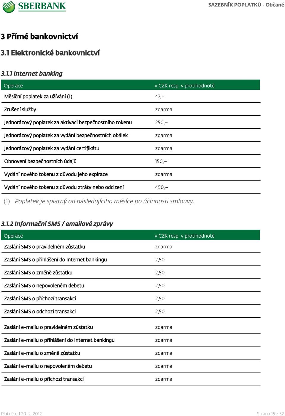 1 Internet banking Měsíční poplatek za užívání (1) 47, Zrušení služby Jednorázový poplatek za aktivaci bezpečnostního tokenu 250, Jednorázový poplatek za vydání bezpečnostních obálek Jednorázový