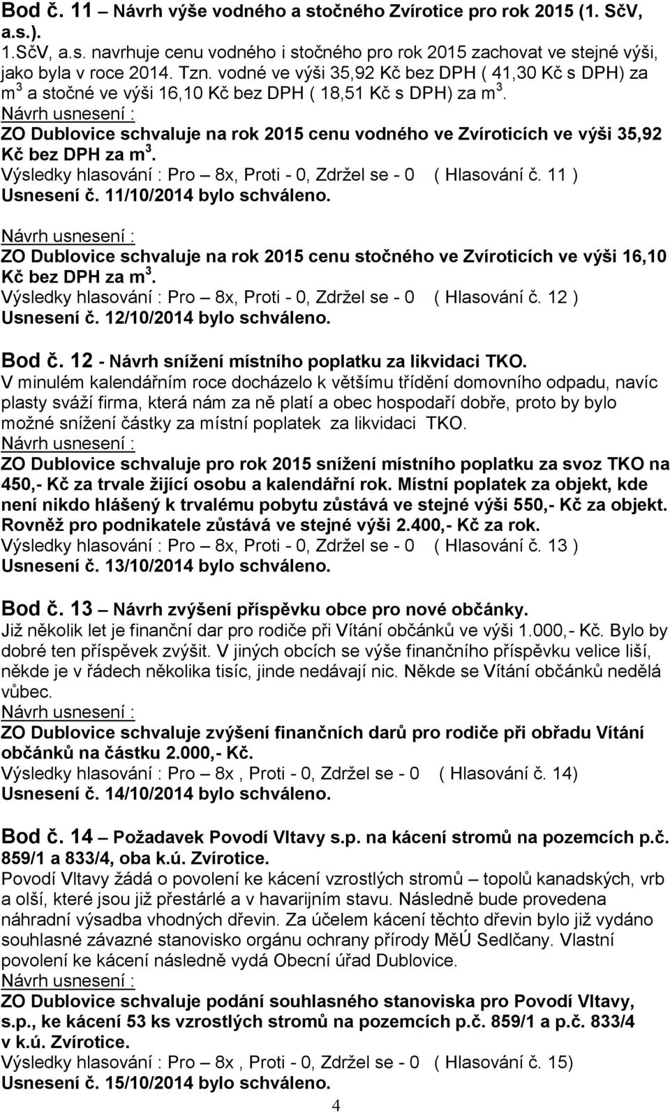 ZO Dublovice schvaluje na rok 2015 cenu vodného ve Zvíroticích ve výši 35,92 Kč bez DPH za m 3. Výsledky hlasování : Pro 8x, Proti - 0, Zdržel se - 0 ( Hlasování č. 11 ) Usnesení č.