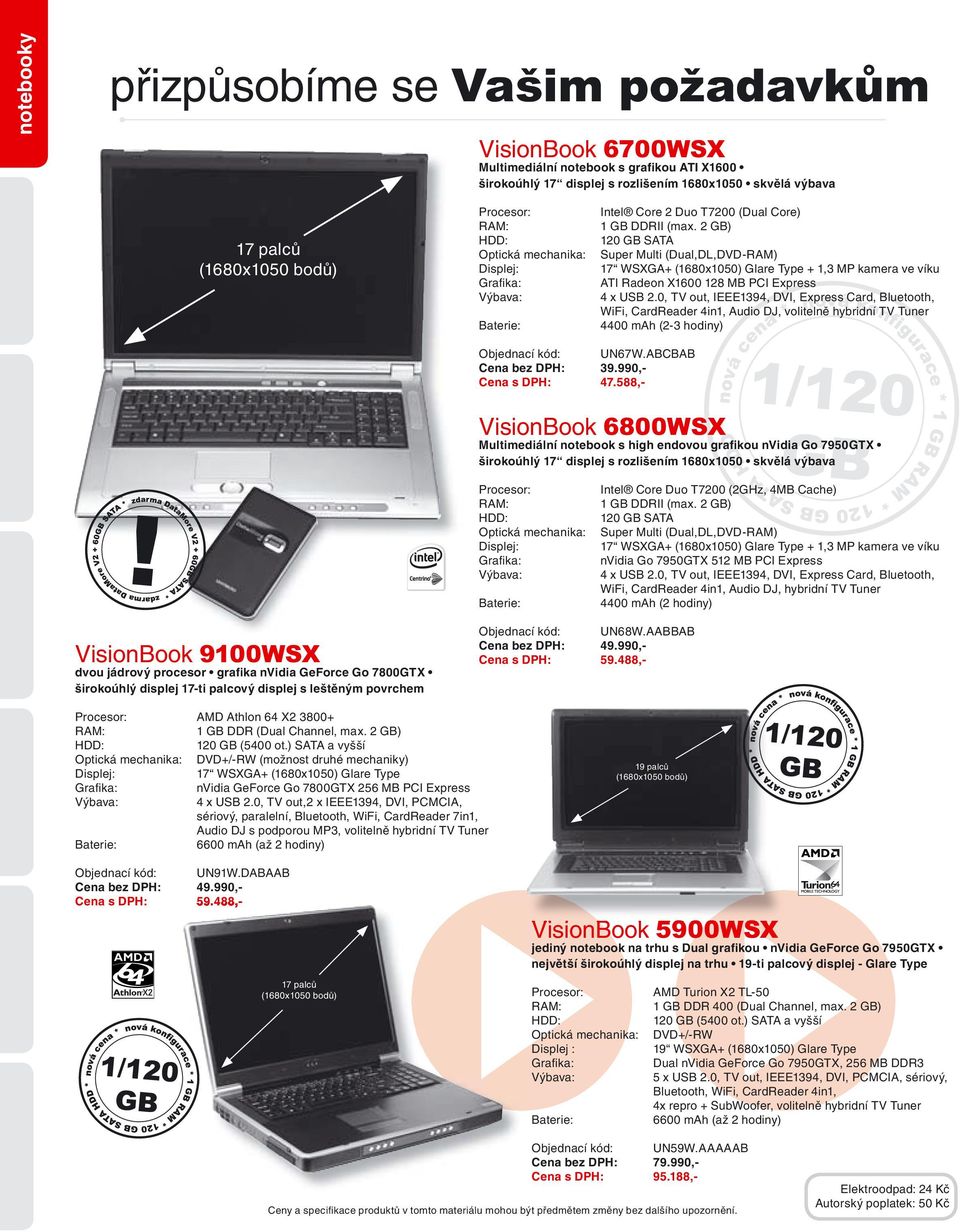 2 GB) 120 GB SATA Super Multi (Dual,DL,DVD-RAM) 17 WSXGA+ (1680x1050) Glare Type + 1,3 MP kamera ve víku ATI Radeon X1600 128 MB PCI Express 4 x USB 2.