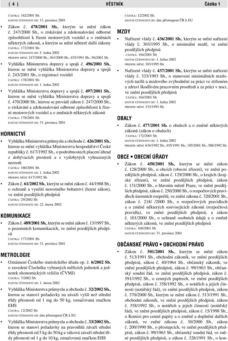 ledna 2002 PŘEDPIS MĚNÍ: 247/2000 Sb.; 361/2000 Sb.; 455/1991 Sb.; 56/2001 Sb. Vyhláška Ministerstva dopravy a spojů č. 496/2001 Sb., kterou se mění vyhláška Ministerstva dopravy a spojů č.